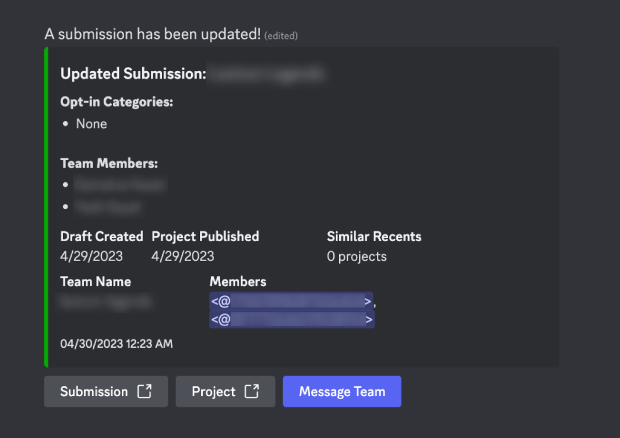 Screenshot of message with hackathon project details and a message team button