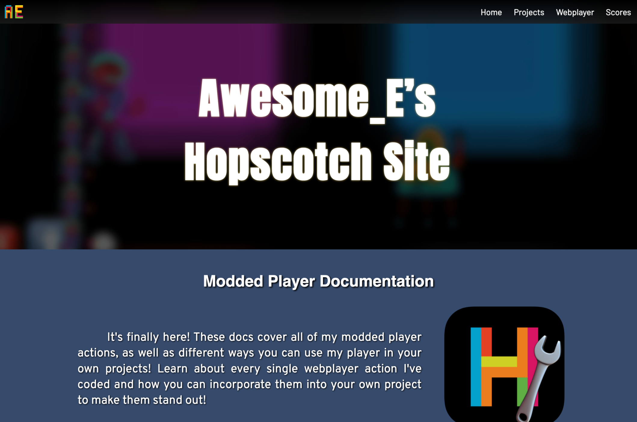 Screenshot of the homepage of my personal Hopscotch website